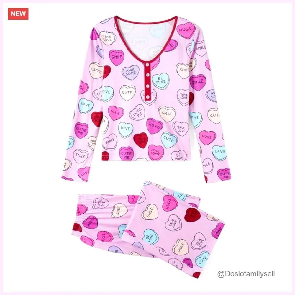 Sweet Heart Print Pajama Set Matching Mother Daughter Lounge Sleepwear